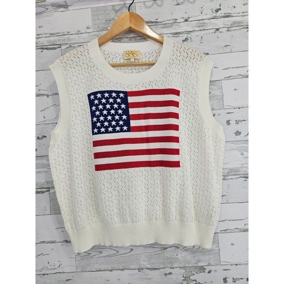 SSYS The Label Sweaters - SSYS The Label American Flag Pointelle Sweater Vest White XL Patriotic Cotton